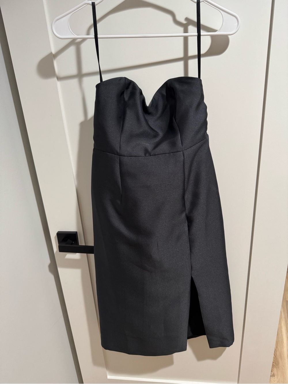 Strapless Black Midi Dress with Front Slit and a Bow in the back